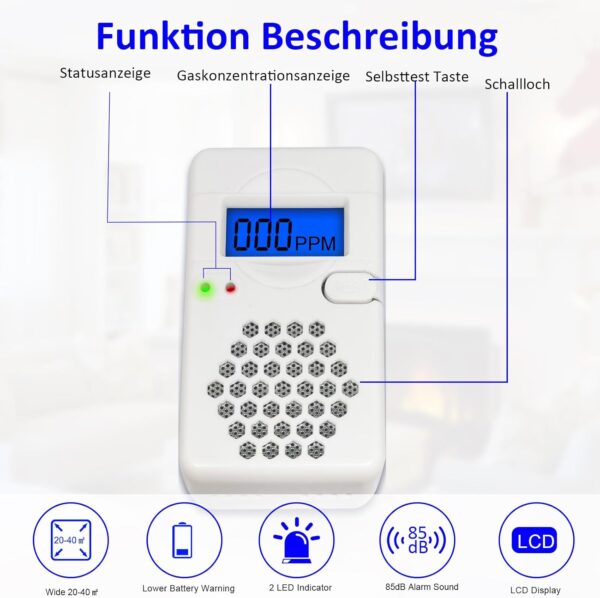 Carbon Monoxide Detector Alarm with Digital LCD Display, CO Detector Alarm with Replaceable Battery,Test-Reset Button, Low Battery Indicator, Portable,complies with UL2034(Batteries NOT Included) - Image 4