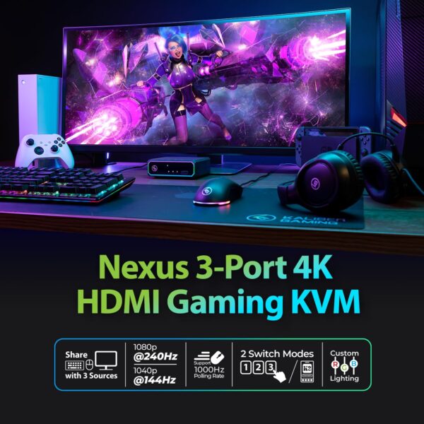 IOGEAR Nexus 3-Port 4K HDMI Gaming KVM Switch – Supports PS5/PS4, Xbox Series X|S, Nintendo Switch, PC – 1440p 144Hz, 1080p 240Hz, USB 3.2 Hub, RGB, Keymander App — GCS1337 - Image 3