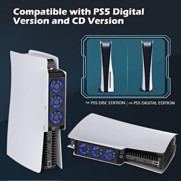 for PS5 Cooling Fan with Led Light, Quiet for PS5 Fan Cooling Fan HUIJUTCHEN for PS5 Cooler Cooling Fan for Playstation 5 fan with 3 Small Fans 3.0 USB Port 2 Fan Speed Setting fan (Not Compatible with PS5 Slim) - Image 4