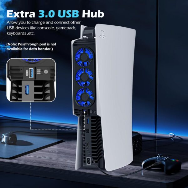 for PS5 Cooling Fan with Led Light, Quiet for PS5 Fan Cooling Fan HUIJUTCHEN for PS5 Cooler Cooling Fan for Playstation 5 fan with 3 Small Fans 3.0 USB Port 2 Fan Speed Setting fan (Not Compatible with PS5 Slim) - Image 5