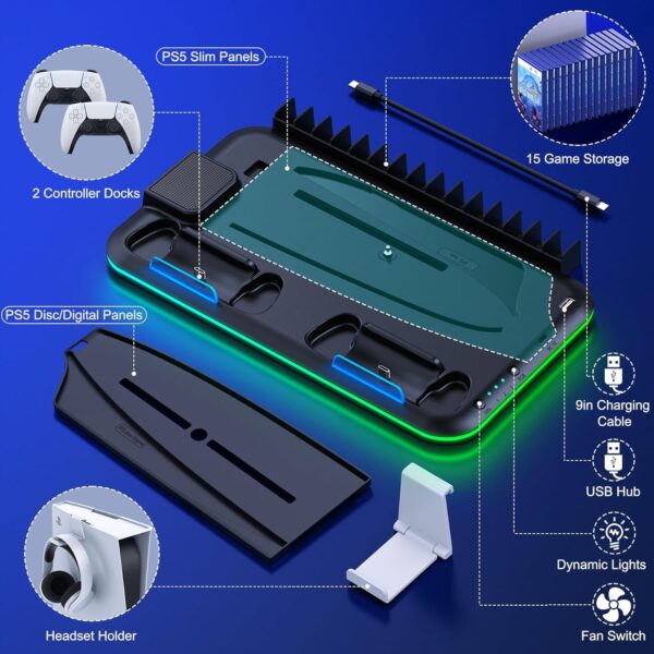 PS5 Slim Stand and Turbo Cooling Station with Controller Charging Station for Playsation 5, PS5 Accessories Kits Incl. 3 Levels Cooling Fan, LED, 15 Game Slot, Headset Holder for P5 Digital/Disc - Image 7