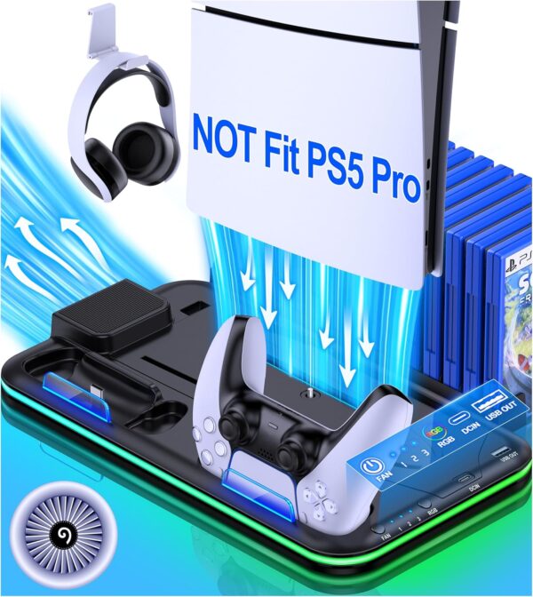 PS5 Slim Stand and Turbo Cooling Station with Controller Charging Station for Playsation 5, PS5 Accessories Kits Incl. 3 Levels Cooling Fan, LED, 15 Game Slot, Headset Holder for P5 Digital/Disc - Image 2