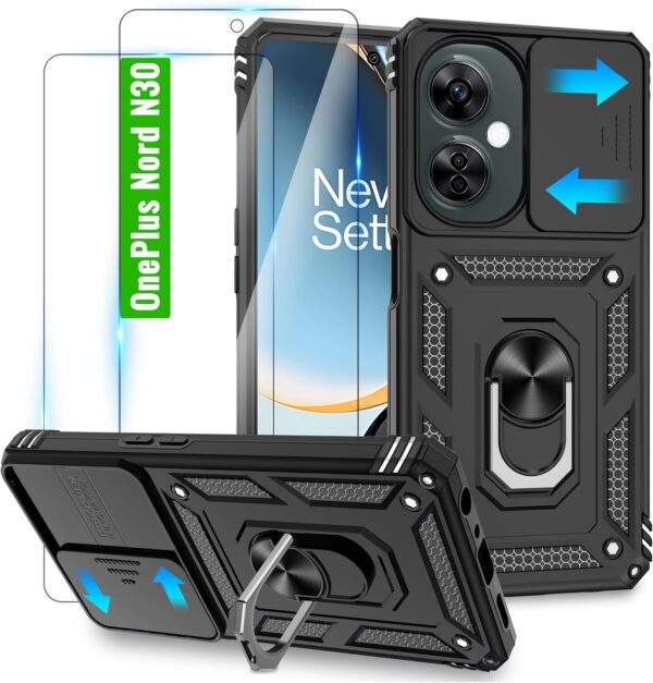 for OnePlus Nord N30 5G Case with 2 HD Screen Protector & Slide Camera Cover, 360° Rotation Ring Kickstand [Military Grade] Case for OnePlus Nord N30 5G, Black - Image 2