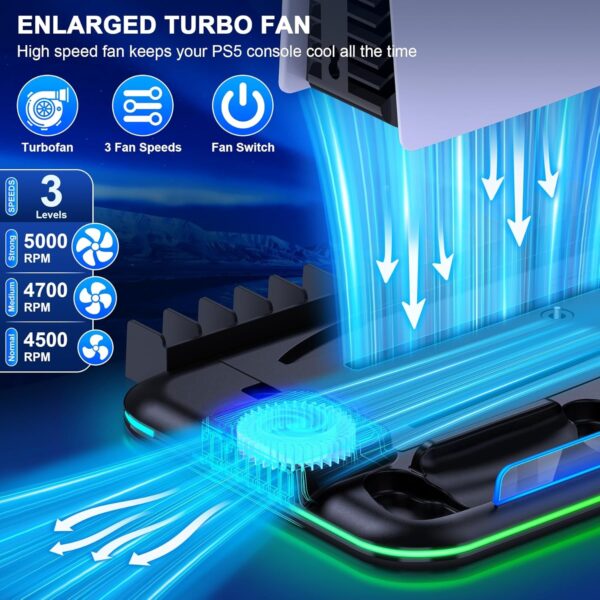PS5 Slim Stand and Turbo Cooling Station with Controller Charging Station for Playsation 5, PS5 Accessories Kits Incl. 3 Levels Cooling Fan, LED, 15 Game Slot, Headset Holder for P5 Digital/Disc - Image 3