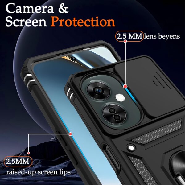 for OnePlus Nord N30 5G Case with 2 HD Screen Protector & Slide Camera Cover, 360° Rotation Ring Kickstand [Military Grade] Case for OnePlus Nord N30 5G, Black - Image 5