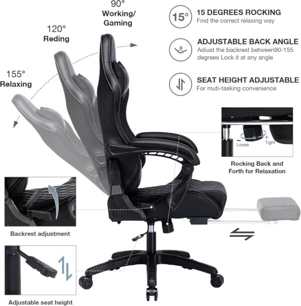 Blue Whale Gaming Chair for Adults, Ergonomic Gaming Chair with Footrest and Adjustable Armrest, High Back Comfortable Computer Gaming Chairs with Massage Lumbar Support - Image 5