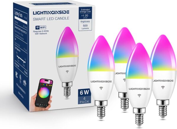 Smart Candelabra LED Bulbs 60 Watt Equivalent, 500LM 6W, E12 LED Bulb Compatible with Alexa/Google Assistant/Smart Life, RGBCW Candle, No Hub Required, 2.4G WiFi Only, ETL Listed, 4PCS - Image 2