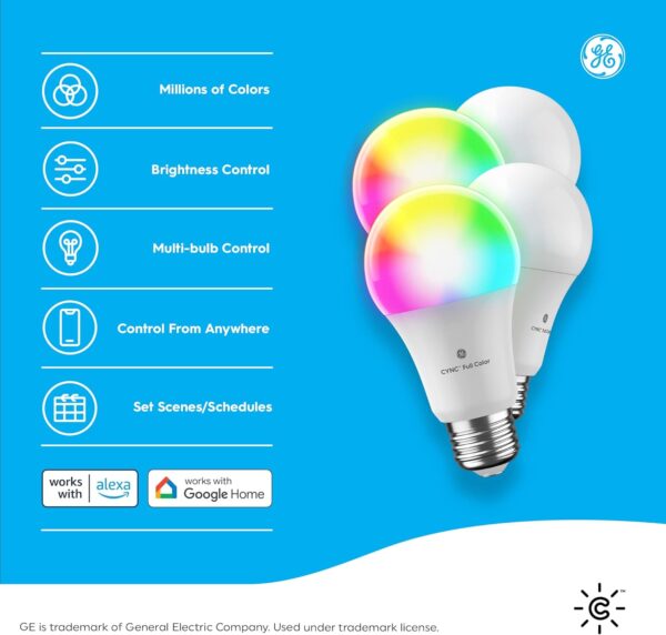 GE CYNC Smart LED Light Bulbs, Color Changing, Bluetooth and Wi-Fi Enabled, Alexa and Google Assistant Compatible, A19 Light Bulbs (4 Pack), 9.5 W - Image 3