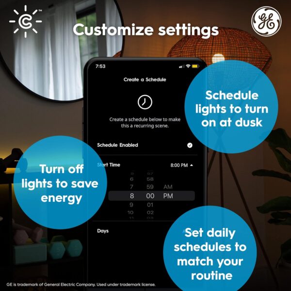 GE CYNC Smart LED Light Bulbs, Color Changing, Bluetooth and Wi-Fi Enabled, Alexa and Google Assistant Compatible, A19 Light Bulbs (4 Pack), 9.5 W - Image 4
