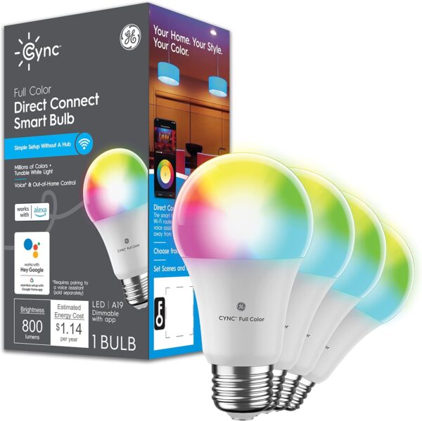 GE CYNC Smart LED Light Bulbs, Color Changing, Bluetooth and Wi-Fi Enabled, Alexa and Google Assistant Compatible, A19 Light Bulbs (4 Pack), 9.5 W - Image 2