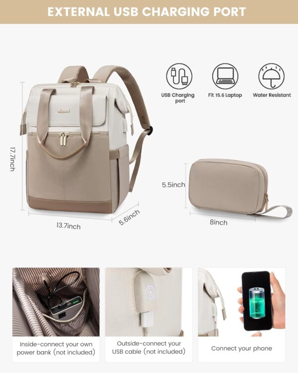 LOVEVOOK Laptop Backpack for Women, 15.6 Inch Work Laptop Bag with USB Port, Fashion Teacher Nurse Backpack Purse, Waterproof Travel Computer Backpack with Organizer Bag, 2PCS, Beige-Khaki - Image 5