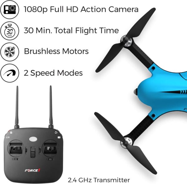 Force1 F100GP Drone with Camera for Adults or Teens- GoPro Compatible RC Drone with 1080p HD Video Camera Long Range Brushless Quadcopter with Remote Control, 2 Drone Batteries, 3 Drone Shells - Image 7