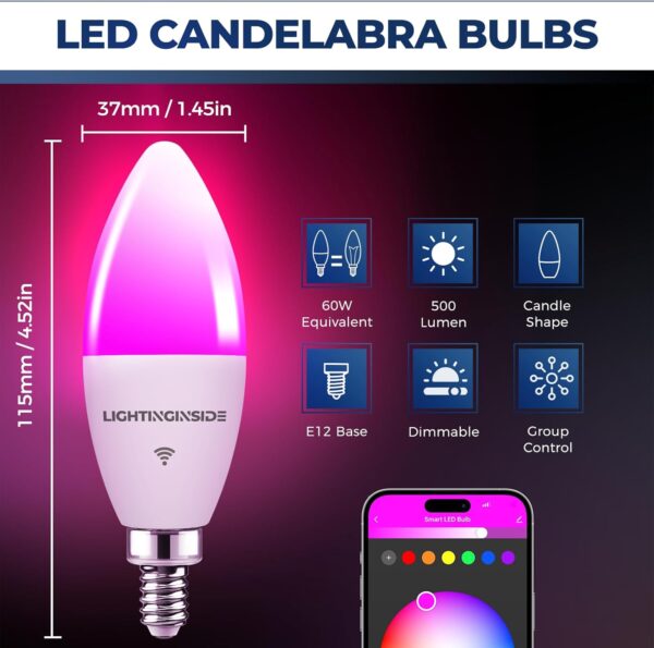 Smart Candelabra LED Bulbs 60 Watt Equivalent, 500LM 6W, E12 LED Bulb Compatible with Alexa/Google Assistant/Smart Life, RGBCW Candle, No Hub Required, 2.4G WiFi Only, ETL Listed, 4PCS - Image 3