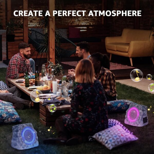 2-Pack Solar Powered Rock Speakers Outdoor Water-Resistant with 3 Mode Lights and Pair Function USB Rechargeable for Patio Garden Party Pool Outside(Two) - Image 8