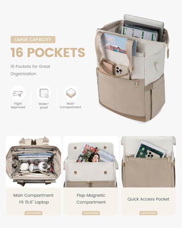 LOVEVOOK Laptop Backpack for Women, 15.6 Inch Work Laptop Bag with USB Port, Fashion Teacher Nurse Backpack Purse, Waterproof Travel Computer Backpack with Organizer Bag, 2PCS, Beige-Khaki - Image 3