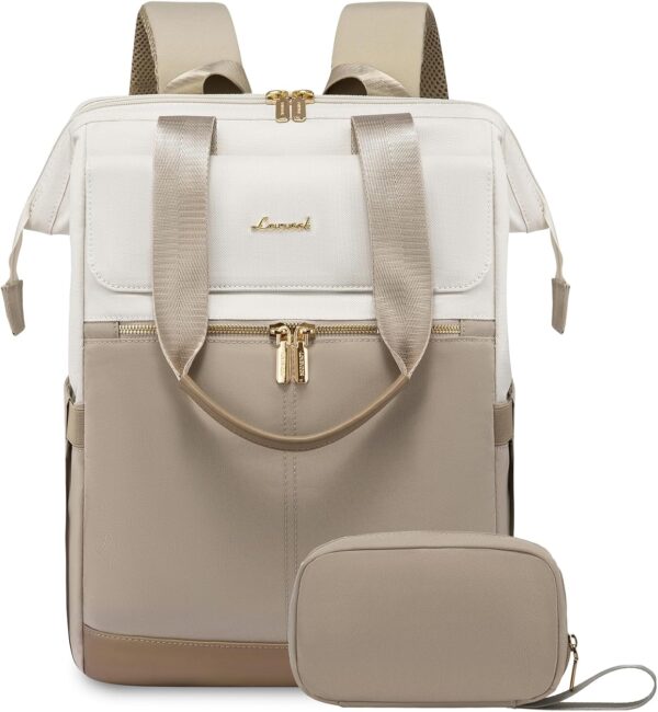 LOVEVOOK Laptop Backpack for Women, 15.6 Inch Work Laptop Bag with USB Port, Fashion Teacher Nurse Backpack Purse, Waterproof Travel Computer Backpack with Organizer Bag, 2PCS, Beige-Khaki - Image 2
