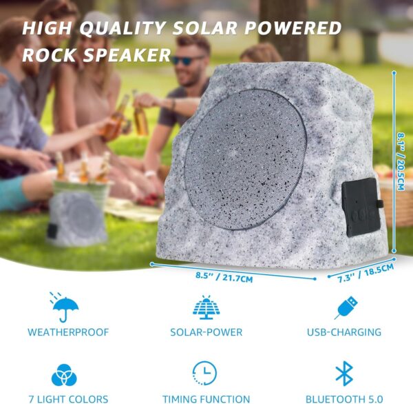 2-Pack Solar Powered Rock Speakers Outdoor Water-Resistant with 3 Mode Lights and Pair Function USB Rechargeable for Patio Garden Party Pool Outside(Two) - Image 3
