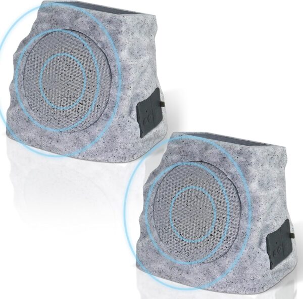 2-Pack Solar Powered Rock Speakers Outdoor Water-Resistant with 3 Mode Lights and Pair Function USB Rechargeable for Patio Garden Party Pool Outside(Two) - Image 2