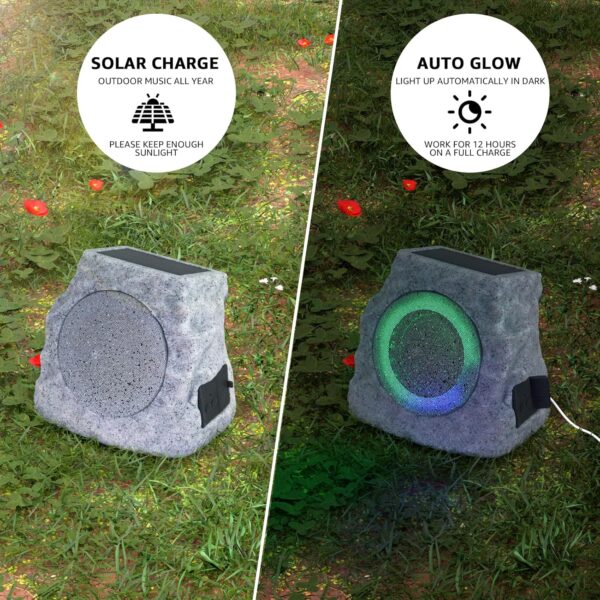 2-Pack Solar Powered Rock Speakers Outdoor Water-Resistant with 3 Mode Lights and Pair Function USB Rechargeable for Patio Garden Party Pool Outside(Two) - Image 5